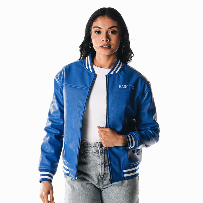 Women's Wild Collective Rangers Royal Faux Leather Bomber Jacket