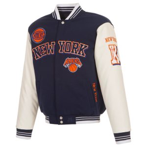 JH Design Knicks Two-Tone Navy/White Patched Varsity Jacket