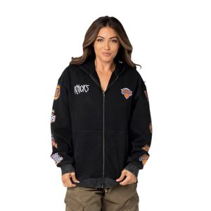 Wild Collective Knicks Acid Wash Oversized Full Zip Hoodie