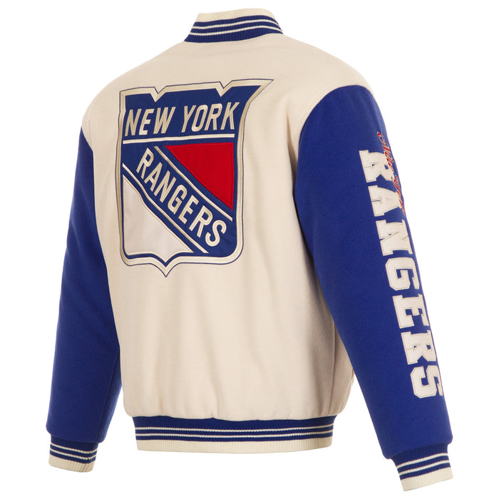 JH Design Rangers All Wool Two Tone Cream/Royal Reversible Varsity Jacket - Image 2