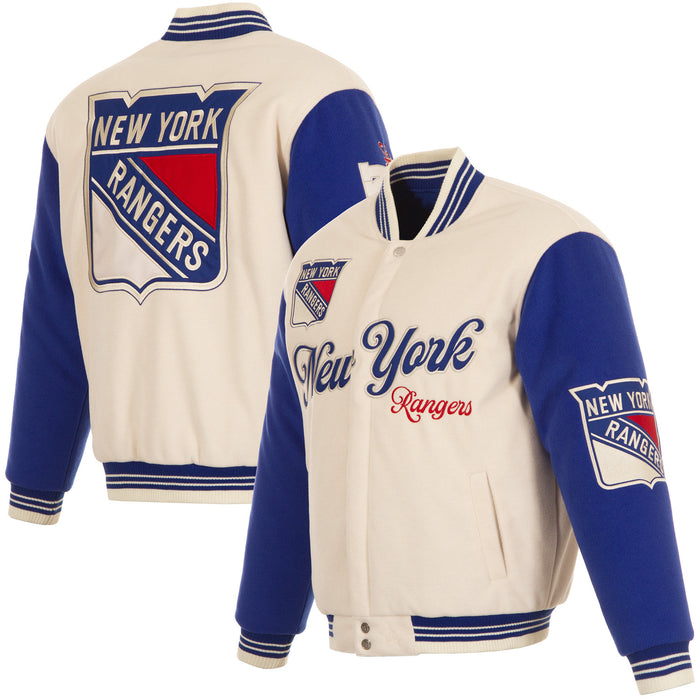 JH Design Rangers All Wool Two Tone Cream/Royal Reversible Varsity Jacket - Image 6