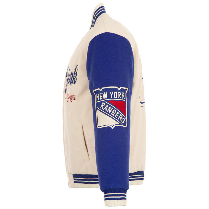 JH Design Rangers All Wool Two Tone Cream/Royal Reversible Varsity Jacket - Image 8